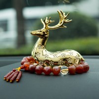 一路平安鹿汽车摆件车内创意鹿一鹿平安车载香水汽车装饰饰品男女 金色一鹿平安和虎睛色玛瑙佛珠