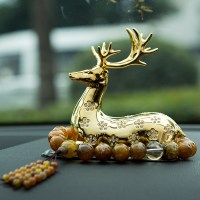 一路平安鹿汽车摆件车内创意鹿一鹿平安车载香水汽车装饰饰品男女 金色一鹿平安龙纹色玛瑙佛珠