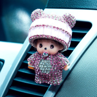 蒙奇奇汽车香水空调出风口香水夹香片夹卡通创意车载车内饰品摆件 奇奇钢盔粉色风口