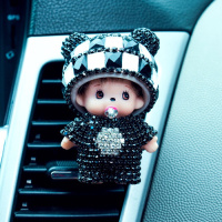 蒙奇奇汽车香水空调出风口香水夹香片夹卡通创意车载车内饰品摆件 奇奇钢盔黑白风口