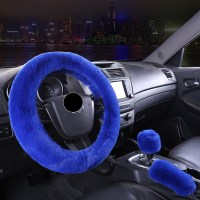 女冬季獭兔毛可爱汽车方向盘套本田雅阁六七八九代混动思域十代89 宝蓝色纯色款+手刹套档位套