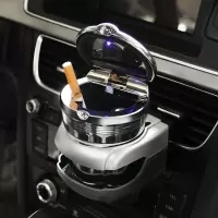 车载烟灰缸带LED灯盖出风口挂式通用车用夜光汽车烟灰缸创意用品 至尊款+支架（银色）