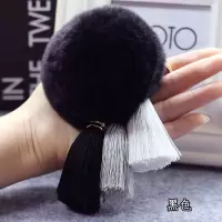 创意钥匙扣韩国冰丝流苏真兔毛獭兔毛球背包挂件简约汽车钥匙链圈 白灰黑流苏黑色獭兔毛球
