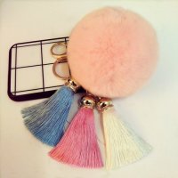 创意钥匙扣韩国冰丝流苏真兔毛獭兔毛球背包挂件简约汽车钥匙链圈 粉蓝白三色流苏粉毛球