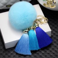 创意钥匙扣韩国冰丝流苏真兔毛獭兔毛球背包挂件简约汽车钥匙链圈 韩国冰丝流苏天蓝獭兔毛球