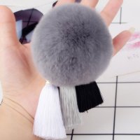 创意钥匙扣韩国冰丝流苏真兔毛獭兔毛球背包挂件简约汽车钥匙链圈 韩国冰丝流苏深灰色毛球