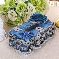 布艺欧式蕾丝田园创意客厅车用卷纸抽纸盒餐巾纸收纳盒纸抽纸巾盒 孔雀蓝蓝田生玉长盒