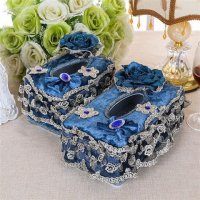 布艺欧式蕾丝田园创意客厅车用卷纸抽纸盒餐巾纸收纳盒纸抽纸巾盒 宝蓝色蓝田生玉两件套