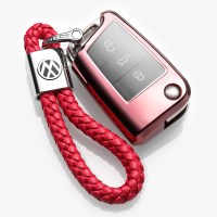 2019款大众途观L途昂探歌探岳途安L途岳钥匙壳包扣套汽车改装饰品 新款大众折叠款钥匙壳+绳子-粉色