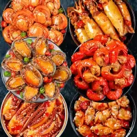 赛卡伊 八爪鱼爆头速食海鲜鲜活麻辣即食熟食组合套餐罐头鲍鱼扇贝海螺肉