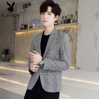 春秋外套男发型师夜场时尚休闲细格子西装韩版修身小西服潮英伦风 SKLGG9722