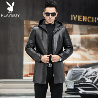 海宁真皮皮衣男士皮夹克风衣男外套连帽绵羊皮中长款中年爸爸款. SNX-X1810