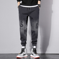 潮流秋季字母印花牛仔裤男潮牌帅气学生百搭束脚哈伦休闲裤子. BY903