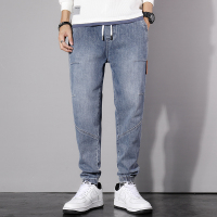 春季牛仔裤男士哈伦裤宽松直筒束脚弹力潮牌松紧腰抽绳拼接撞色裤. BY5802