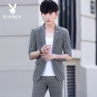 韩版修身条纹小西装男套装夏季中袖七分袖青少年新婚伴郎服约会潮KLG832衣服+裤子