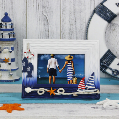 墨斗鱼 地中海风格海洋照片相框摆台爱琴海欧式创意舵盘船型帆船风帆相片相框像框 蓝色相框