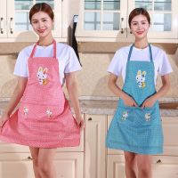 围裙女夏季薄款罩衣防尘厨房网红家用上班工作无袖小兔不防油围腰|[格子兔]西瓜红+绿色