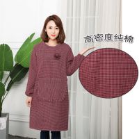 韩版时尚纯棉长袖围裙棉布成人罩衣厨房做饭防油污女工作服防尘|加厚纯棉褶花枣红长袖