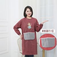 韩版时尚纯棉长袖围裙棉布成人罩衣厨房做饭防油污女工作服防尘|擦手长袖)纯棉布艺女孩枣红