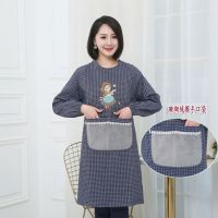 韩版时尚纯棉长袖围裙棉布成人罩衣厨房做饭防油污女工作服防尘|擦手长袖)纯棉布艺女孩兰格
