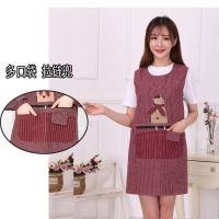 韩版时尚纯棉长袖围裙棉布成人罩衣厨房做饭防油污女工作服防尘|纯棉绅士熊酒红坎肩(拉链兜