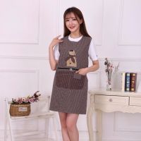 韩版时尚纯棉长袖围裙棉布成人罩衣厨房做饭防油污女工作服防尘|纯棉绅士熊咖啡坎肩(拉链兜
