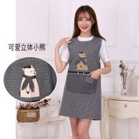 韩版时尚纯棉长袖围裙棉布成人罩衣厨房做饭防油污女工作服防尘|纯棉绅士熊灰色坎肩(拉链兜