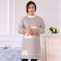 围裙女可爱长袖防尘防污厨房围裙成人罩衣反穿衣罩带袖围裙罩衣|【开心熊长袖衣】 咖色【1套装】