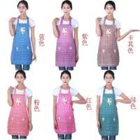 围裙女可爱长袖防尘防污厨房围裙成人罩衣反穿衣罩带袖围裙罩衣|[挂脖花兔子] [紫色+玫红]2套装