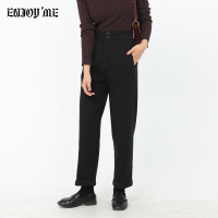 ENJOY'ME女装2019冬季新品高腰两粒扣脚口翻边直筒裤