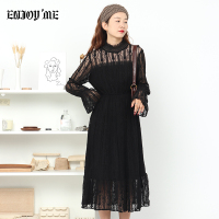 ENJOY'ME女装2019冬季新品甜美飘逸喇叭袖蕾丝花纹镂空长裙