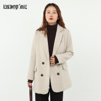 ENJOY'ME女装2020春季新品职场通勤双排扣系腰带人字纹外套