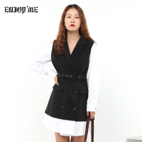 ENJOY'ME女装2020春季新品双排扣黑白拼接系腰带连衣裙