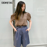 ENJOY'ME醋酸上衣圆领褶皱花苞袖纯色短T恤20女装夏季新品