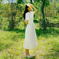 ENJOY'ME六瓣花蕾丝裙小V领胸前系扣高腰仙女裙20夏季女装新品