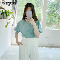 ENJOY'ME压褶上衣圆领泡泡短袖纯色宽松休闲T恤20女装夏季新品