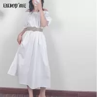 ENJOY'ME精纺系带连衣裙泡泡袖一字领高腰褶皱连衣裙20女装夏季新品