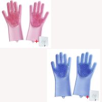厨房橡胶洗碗手套女家务用防水清洁神器耐用型硅胶胶皮刷碗洗衣服|加厚款天空蓝+樱桃粉(送挂钩2个)
