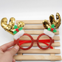 圣诞老人50个礼物礼品雪人麋鹿圣诞节成人儿童眼镜框小装饰品圣诞|亮片鹿角金色12个