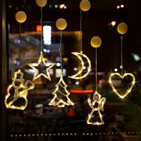 圣诞节挂件吸盘灯玻璃贴圣诞节装饰品店铺场景布置橱窗饰品圣诞树|9号套餐-六款[送七号电池+湿巾]