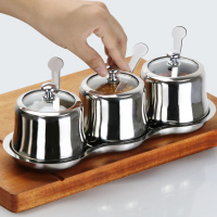 304罐子组合罐瓶放味精盐厨房用品大全调料盒套装家用调味不锈钢|玻璃盖三件套装配送勺子+托盘