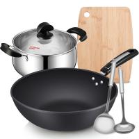 [优选]炊大皇 炒锅 锅具套装 平底锅 无涂层铁锅 304不锈钢汤锅 砧板菜板 锅铲汤勺 燃气煤气灶电磁炉通用