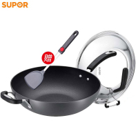 苏泊尔炒锅老式铸铁铁锅30cm炒锅具无涂层电磁炉燃气通用 无油烟不粘32cm可立锅盖