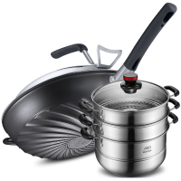 （蒸锅+无烟不粘锅32cm-WG8332LZL） 爱仕达 锅具套装 2件套组合 不锈钢蒸锅 三层28cm 家用大号蒸锅