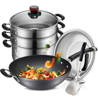 （蒸锅+锈不了铁锅32cm-WG8332ELX） 爱仕达 锅具套装 2件套组合 不锈钢蒸锅 三层28cm 家用大号蒸锅