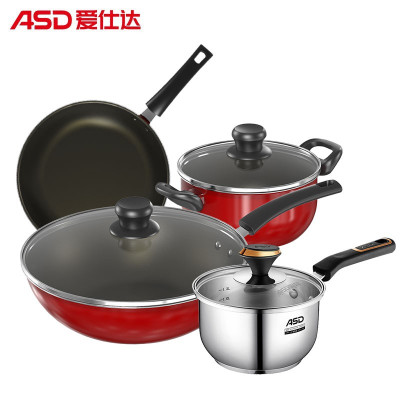 红色 爱仕达(ASD)中国红新不粘少油烟套装锅炒锅煎锅汤锅锅具套装明火专用