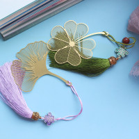 金属莲花荷花涟漪菩提叶黄铜镂空叶脉流苏古典书签|四叶草+银杏中国结款PP装