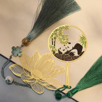 金属莲花荷花涟漪菩提叶黄铜镂空叶脉流苏古典书签|小熊猫+陶瓷珠流苏莲花PP装