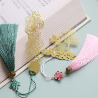 金属莲花荷花涟漪菩提叶黄铜镂空叶脉流苏古典书签|涟漪+并蒂莲中国结款PP装