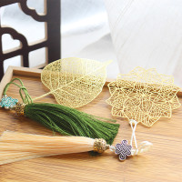 金属莲花荷花涟漪菩提叶黄铜镂空叶脉流苏古典书签|菩提叶+曼陀罗中国结款PP装